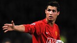 Cristiano Ronaldo in action for Manchester United against Lyon in the last 16 in 2008 