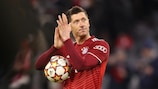 Robert Lewandowski with the match ball following his hat-trick for Bayern against Salzburg in the 2021/22 round of 16