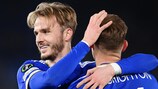 James Maddison congratulates Marc Albrighton after Leicester's opener against Rennes