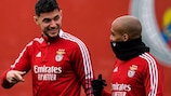 Benfica’s Roman Yaremchuk and João Mário in training on Monday morning