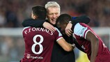West Ham manager David Moyes celebrates with his players at full-time