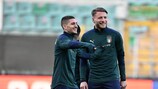 PALERMO, ITALY - MARCH 23: Marco Verratti and Ciro Immobile of Italy in action during an Italy training session on March 23, 2022 in Palermo, Italy. (Photo by Claudio Villa/Getty Images)