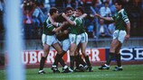 A magical moment in Irish football history - Republic of Ireland players celebrate Ronnie  Whelan's goal against the USSR  at the UEFA EURO in 1988