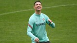 Portugal's forward Cristiano Ronaldo attends a training session at the Dragao stadium in Porto on March 28, 2022 on the eve of the World Cup 2022 qualifying final first leg football match between Portugal and North Macedonia. (Photo by MIGUEL RIOPA / AFP) (Photo by MIGUEL RIOPA/AFP via Getty Images)