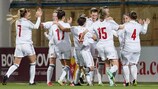 Montenegro women’s team celebrate a goal in Malta