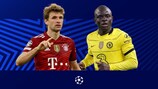 Bayern's Thomas Müller and Chelsea's N'Golo Kanté are in action on Wednesday evening