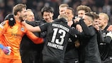 Frankfurt celebrate the decisive goal in their round of 16 success against Real Betis