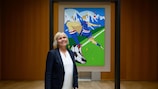 Vanda Sigurgeirsdóttir with the Trailblazers portrait from Iceland at  UEFA HQ in  Switzerland