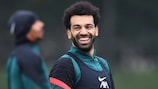 Mohamed Salah trains with Liverpool on the eve of their quarter-final decider against Benfica