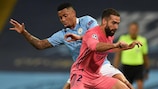 Manchester City's Gabriel Jesus vies with Real Madrid's Dani Carvajal during their round of 16 meeting in 2020