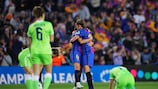 Claudia Pina and Patricia Guijarro celebrate Barcelona's first-leg victory