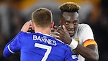 Leicester's Harvey Barnes and Roma's Tammy Abraham after the first leg