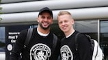 MANCHESTER, ENGLAND - MAY 03: Kyle Walker and Oleksandr Zinchenko of Manchester City board the team coach to Manchester Airport at City Football Academy on May 03, 2022 in Manchester, England. (Photo by Matt McNulty - Manchester City/Manchester City FC via Getty Images)