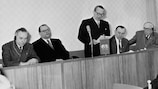 UEFA's first president Ebbe Schwartz addresses delegates in Vienna in March 1955. 