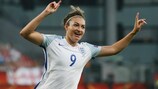 Jodie Taylor celebrates her hat-trick for England against Scotland