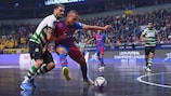 Barça's Ferrao shields the ball during the Futsal Champions League final in Riga