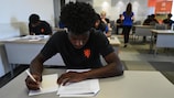 Gabriel Misehouy of the Netherlands sits a mathematics exam, part of the teams' study classes at UEFA U17 EURO