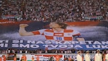 Fans show a Luka Modrić banner ahead of the midfielder's 150th Croatia appearance
