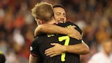 Eden Hazard and Kevin De Bruyne celebrate a Belgium goal against Poland