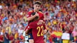 Gavi and Pablo Sarabia celebrate Spain's goal against Portugal