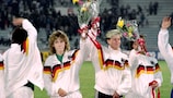 Germany's Heidi Mohr (left) with one hand on a bouquet after the 1991 final
