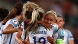 Toni Duggan and Steph Houghton celebrate England's sixth goal against Scotland in 2017