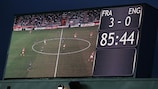 A stadium vIdeo screen shows the final score in France's EURO 2013 meeting with England