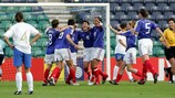 France celebrate a Marinette Pichon (No9) goal against Italy at UEFA Women's EURO 2005