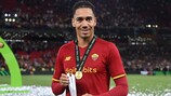 TIRANA, ALBANIA - MAY 25: Chris Smalling of AS Roma poses for a photo with the Laufenn Player Of The Match Award after their sides victory during the UEFA Conference League final match between AS Roma and Feyenoord at Arena Kombetare on May 25, 2022 in Tirana, Albania. (Photo by Tullio Puglia - UEFA/UEFA via Getty Images)