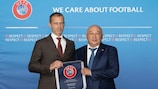  UEFA President Aleksander Čeferin (left) and Kazakhstan Football Federation (KFF) President Adilet Barmenkulov at the House of  European Football in Nyon