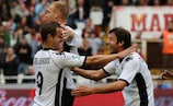 Roberto Soldado celebrates a goal with Valencia team-mates