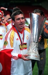Gheorghe Hagi with the UEFA Cup after Galatasaray's win in 2000