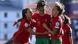 LEIGH, ENGLAND - JULY 09: Jessica Silva of Portugal celebrates with teammates after scoring their team's second goal during the UEFA Women's Euro 2022 group C match between Portugal and Switzerland at Leigh Sports Village on July 09, 2022 in Leigh, England. (Photo by Naomi Baker/Getty Images)