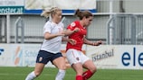 Norway's Lene Mykjaland (left) and Nina Burger of Austria contest possession in their EURO 2017 qualifier in April 2016