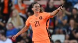 Netherlands' midfielder Damaris Egurrola celebrates scoring the opening goal during the UEFA Women's Euro 2022 Group C football match between Netherlands and Portugal at Leigh Sports Village stadium in north-west England on July 13, 2022. - No use as moving pictures or quasi-video streaming. Photos must therefore be posted with an interval of at least 20 seconds. (Photo by Daniel MIHAILESCU / AFP) / No use as moving pictures or quasi-video streaming. Photos must therefore be posted with an interval of at least 20 seconds. (Photo by DANIEL MIHAILESCU/AFP via Getty Images)