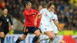 Spain midfielder Aitana Bonmatí (left) challenges England's Georgia Stanway during the friendly between the sides in February