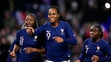 France's Marie-Antoinette Katoto (centre) celebrates one of her two goals against the Netherlands in February