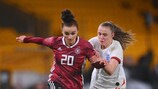 Germany's Lina Magull (left) and Georgia Stanway of England contest possession during England's 3-1 friendly win in February
