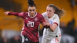Germany's Lina Magull (left) and Georgia Stanway of England contest possession during England's 3-1 friendly win in February