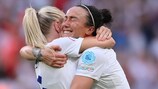 Lucy Bronze (right) shows her joy after winning UEFA Women's EURO 2022