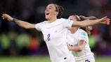 Lucy Bronze celebrates scoring in the Women's EURO 2022 semi-final with Sweden