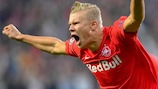 Erling Haaland celebrates after scoring the opening goal in Salzburg's thriller with Genk in 2019