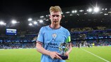 Kevin De Bruyne with the Player of the Match award after Manchester City's comeback win against Borussia Dortmund