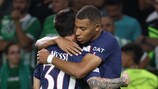 Paris forward Kylian Mbappé celebrates with Lionel Messi after scoring at Maccabi Haifa 