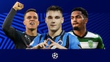 Napoli's Giacomo Raspadori, Club Brugge forward Ferran Jutglà and Marcus Edwards of Sporting CP