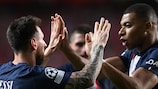 Lionel Messi and Kylian Mbappé celebrate a Matchday 3 goal for Paris