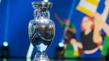 FRANKFURT AM MAIN, GERMANY - OCTOBER 09: The UEFA European Championship trophy on the stage before the UEFA Euro 2024 qualifying group stage draw at Messe Frankfurt on October 09, 2022 in Frankfurt am Main, Germany. (Photo by Thomas Lohnes/Getty Images)