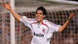 MANCHESTER, ENGLAND - APRIL 24: Kaka of AC Milan celebrates scoring their second goal during the UEFA Champions League Semi-Final first leg match between Manchester United and AC Milan at Old Trafford on April 24, 2007 in Manchester, England. (Photo by John Peters/Manchester United via Getty Images)