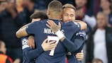 Neymar celebrates with Paris Saint-Germain strike partners Kylian Mbappé and Lionel Messi
