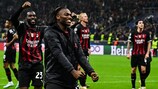 AC Milan's Portuguese forward Rafael Leao celebrates at the end of the UEFA Champions League Group E football match between AC Milan and RB Salzburg on November 2, 2022 at the San Siro stadium in Milan. (Photo by Miguel MEDINA / AFP) (Photo by MIGUEL MEDINA/AFP via Getty Images)